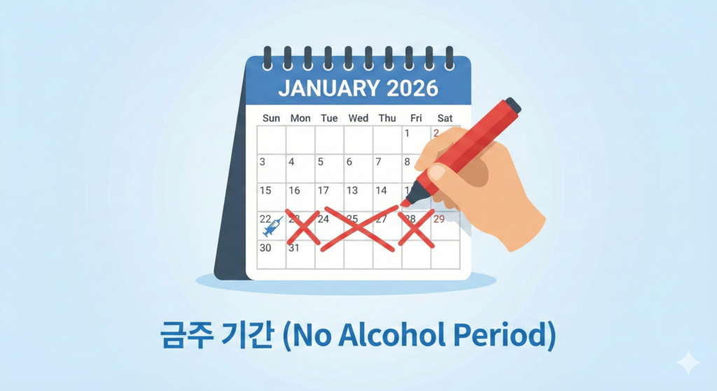 그림 3. 치료 효과를 위한 금주 권장 기간 성공적인 치료 예후를 위해 시술 후 최소 2~3일, 재생 치료의 경우 1주일 금주를 권장합니다.