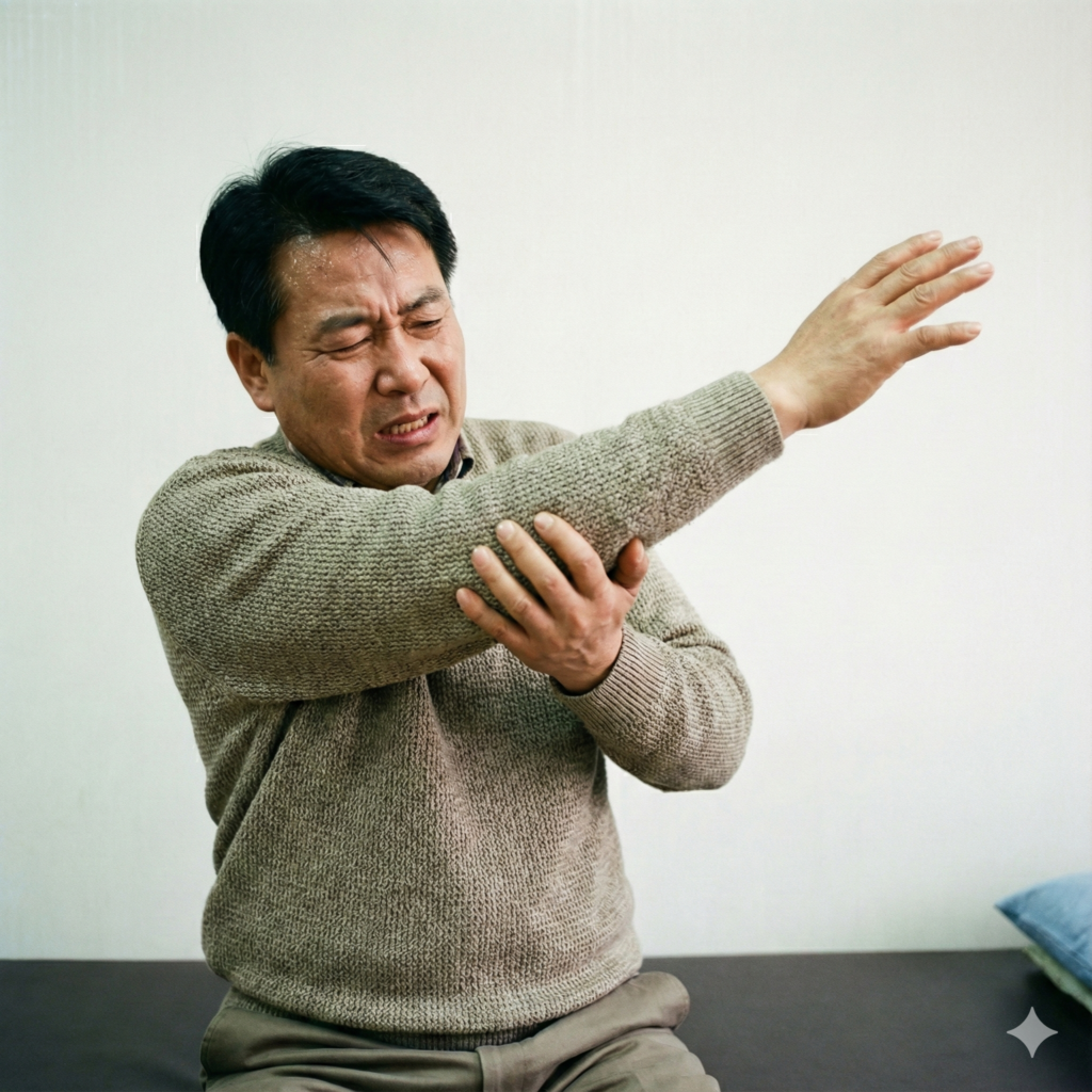 오십견으로 팔이 올라가지 않는 남성
-AI로 생성됨