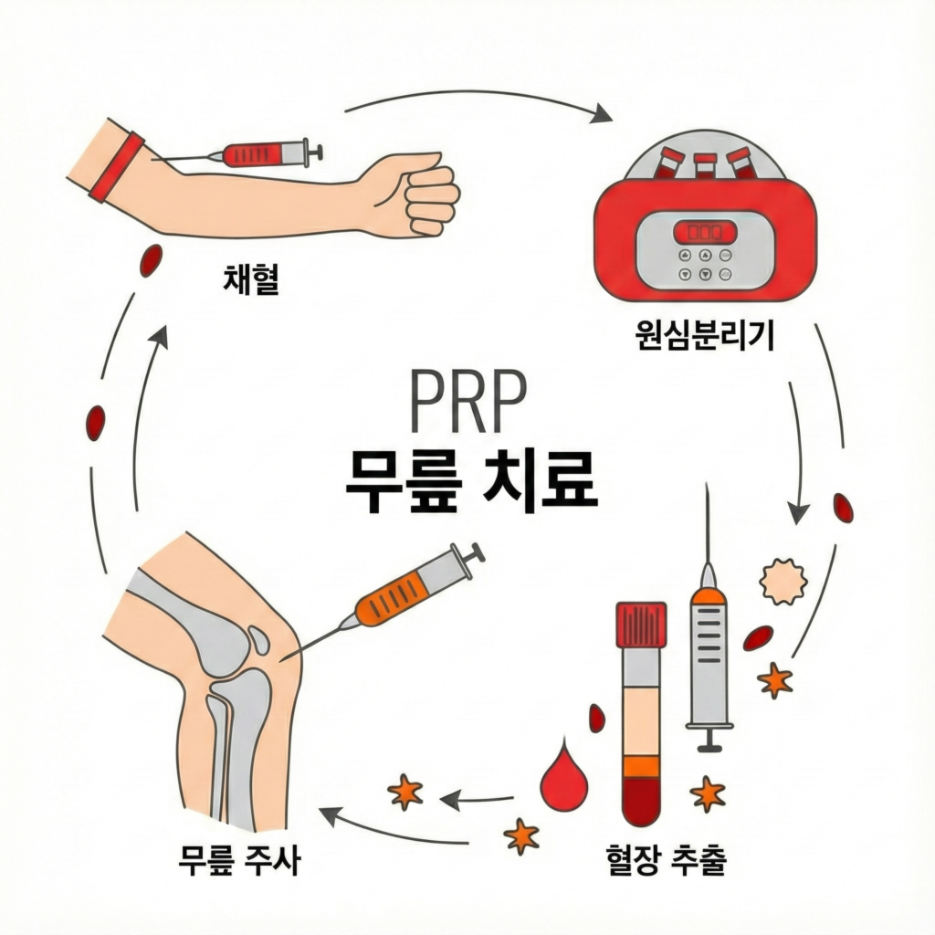 무릎 관절염 신의료기술 주사 치료 관절강내 PRP 모식도