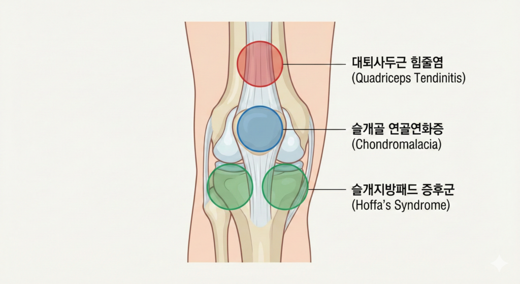 무릎 앞쪽 통증의 질환별 위치