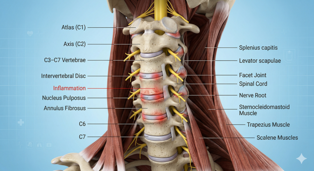 급성 목 통증의 원인인 후관절 증후군과 디스크 내장증