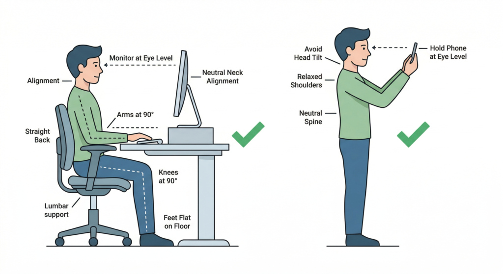 급성 목 통증을 예방하는 자세