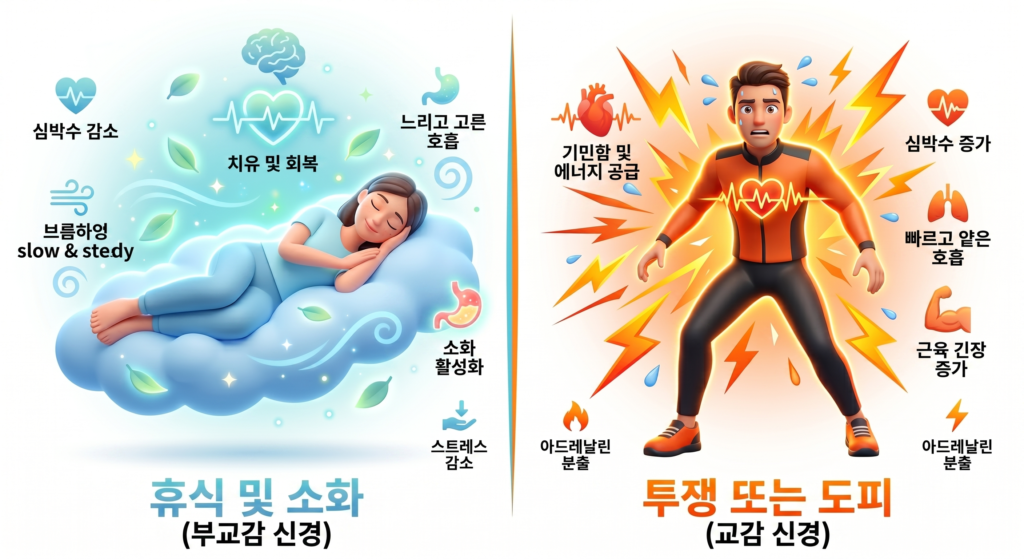 자율신경계의 두축인 교감신경과 부교감신경의 기능비교