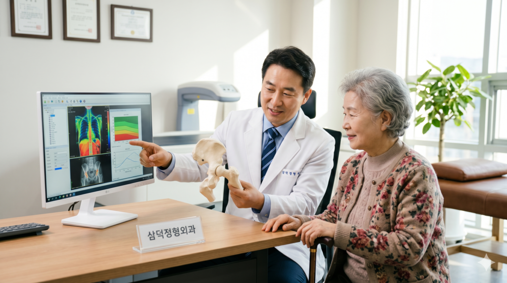 삼덕정형외과 진료실에서 전문의가 뼈 모형과 모니터를 보며 환자에게 친절하게 설명하는 모습