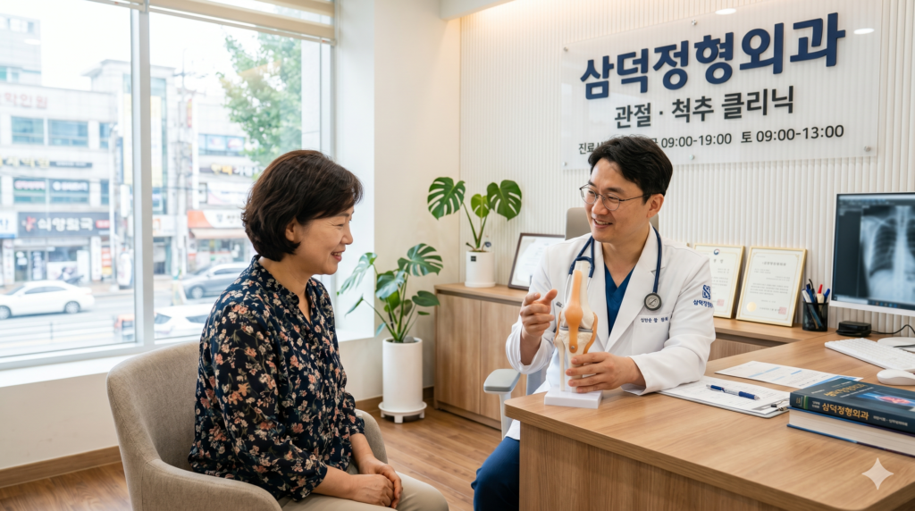무릎관절강내주사에 대해서 설명하는 의사