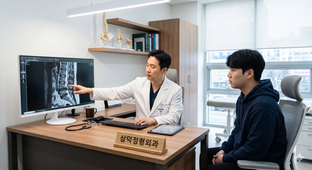 삼덕정형외과 진료실에서 엑스레이 및 MRI 결과를 확인하는 모습