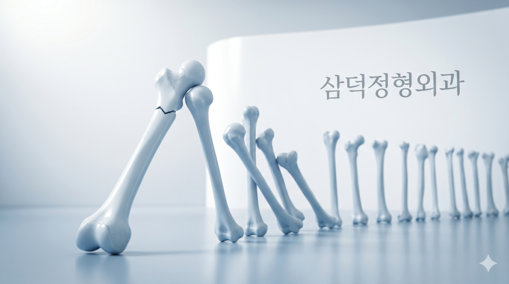 골다공증으로 인하여 생긴 첫 골절이 다음 골절을 유발하는 연쇄 반응을 표현한 이미지