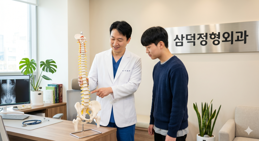 환자에게 강직성 척추염과 일반 요통의 차이를 설명하는 정형외과 전문의