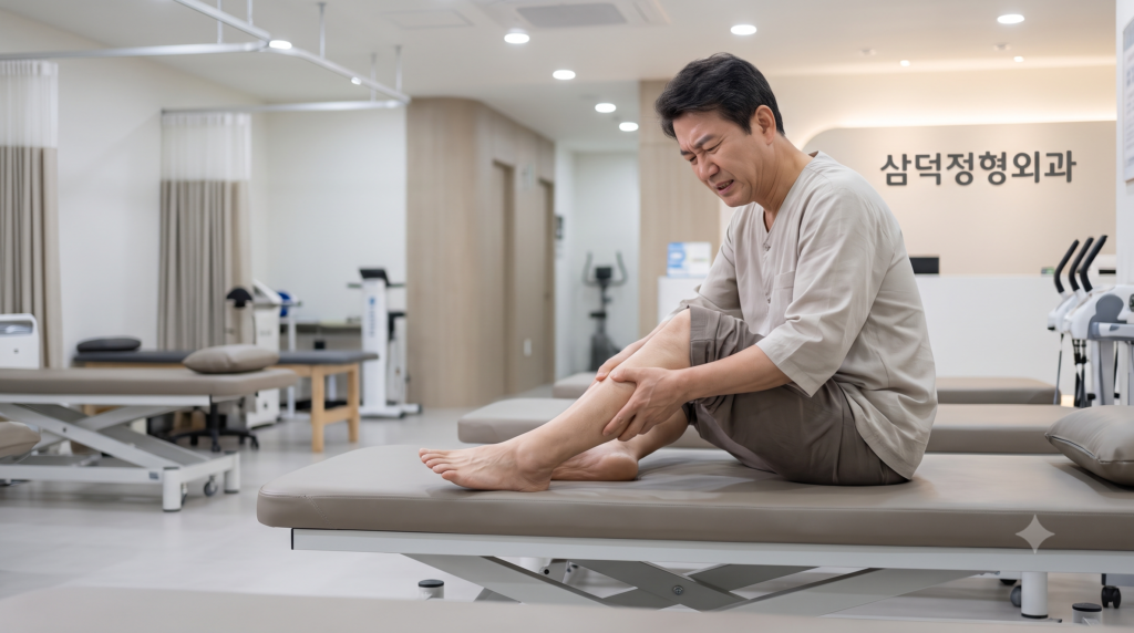 종아리 근육 경련으로 고통받고 있는 사람