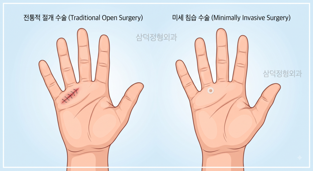 절개 수술과 경피적 A1 활차유리술 상처 크기 비교