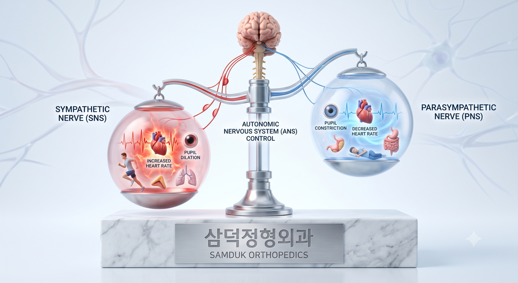 섬유근통에서 자율신경의 불균형을 보여주는 시소 그래픽