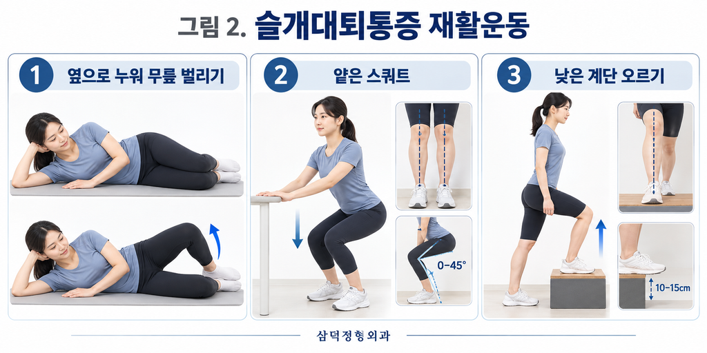 그림 2 슬개대퇴통증 재활운동: 클램셸, 얕은 스쿼트, 낮은 계단 오르기